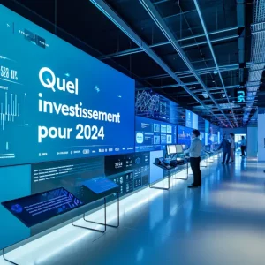 Une salle de contrôle moderne avec des écrans muraux bleus affichant des graphiques et des données financières. Le texte "Quel investissement pour 2024" est visible sur l'écran principal. Des personnes analysent les informations présentées sur les écrans supplémentaires et des tables interactives. L'éclairage est tamisé, créant une ambiance technologique.